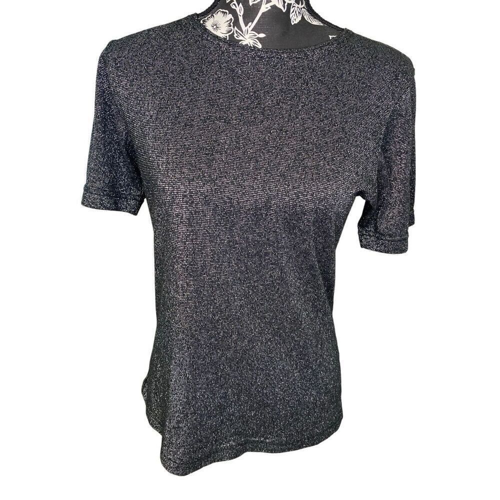 Silver Metallic Shimmer Knit Top Y2K Party Clubwear Disco Glam Stretch Tee Top